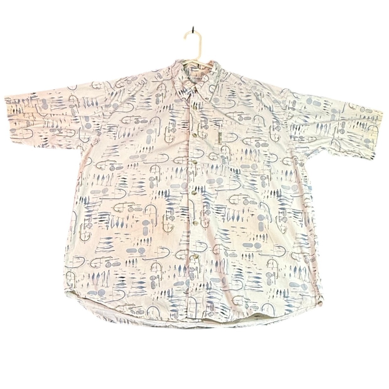 Columbia Fishing Shirt Blueprint Print Short Sleeve Button Up Top Mens L